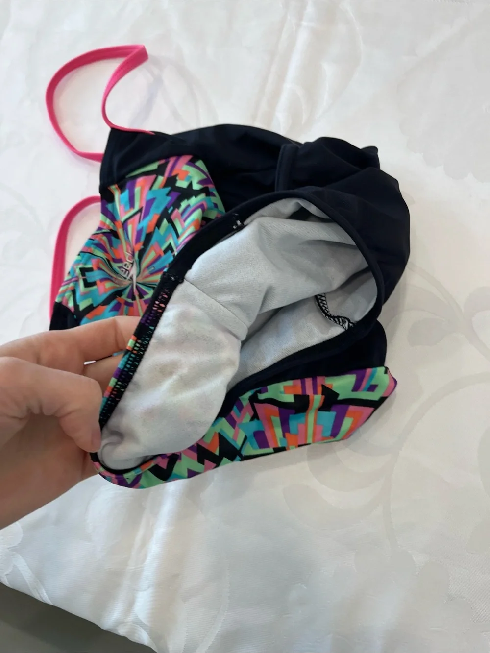 Speedo girls Black Geometric One-Piece Swimsuit with Pink Straps